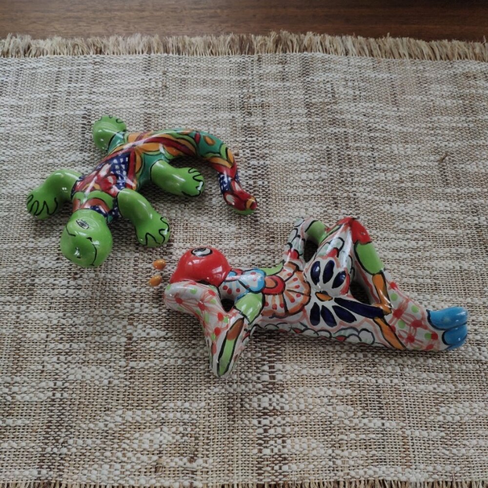 Mexican Talavera Anthropomorphic Figurines Set of 2, VTG Lizard and Grasshopper